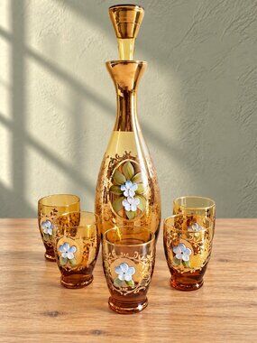 Czech Bohemian Decanter 5 Cordial Glasses Amber Gold Hand Painted Floral Vintage